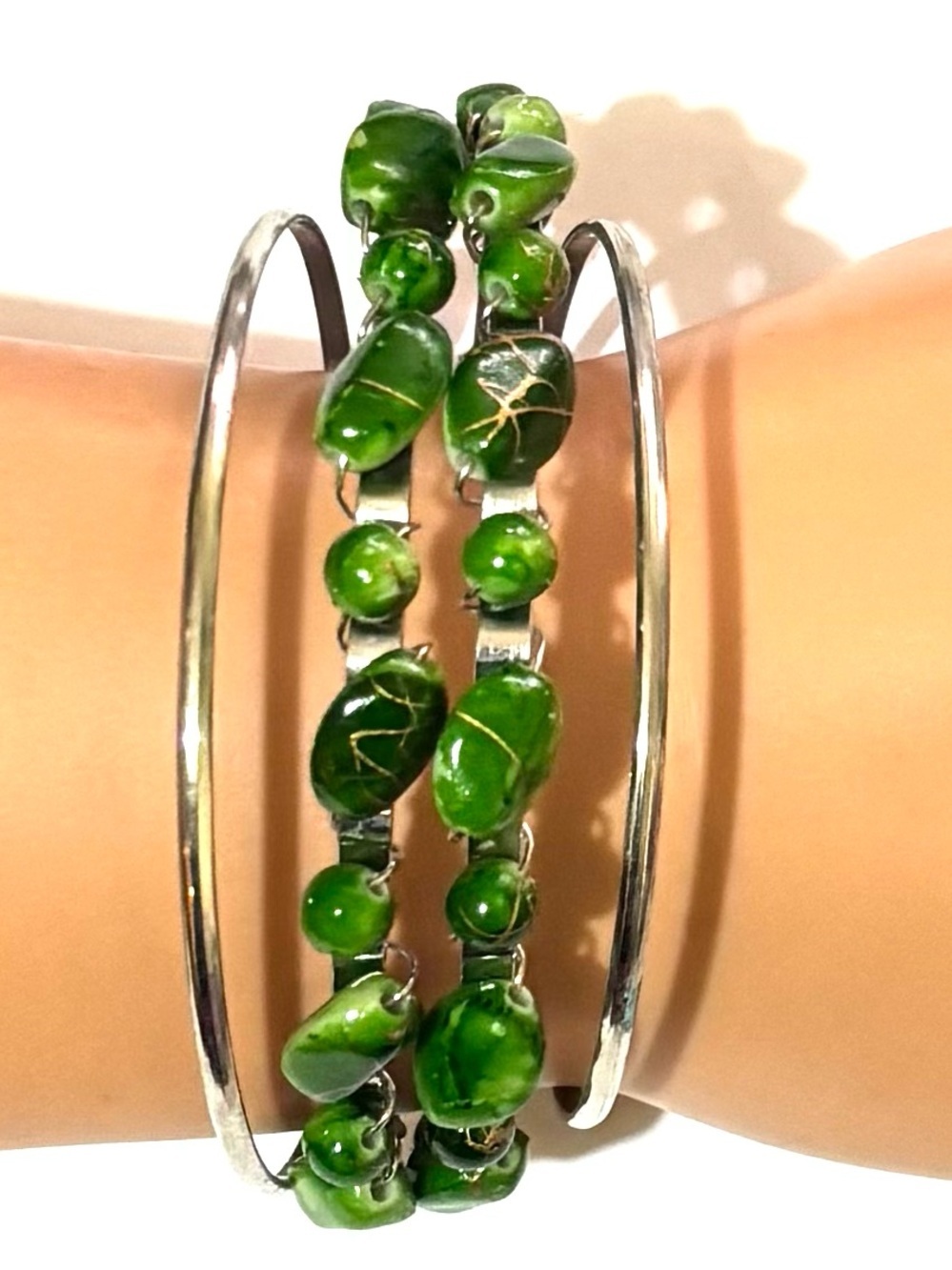 Green Beaded Silver-Tone Multi-Strand Bracelet by